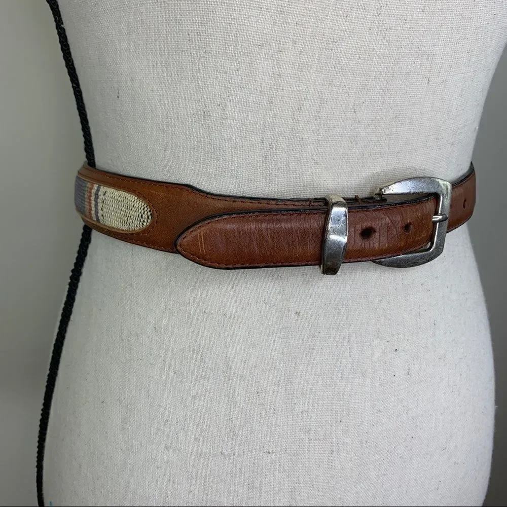 Brown Leather and Western Fabric Belt w/Silver‎